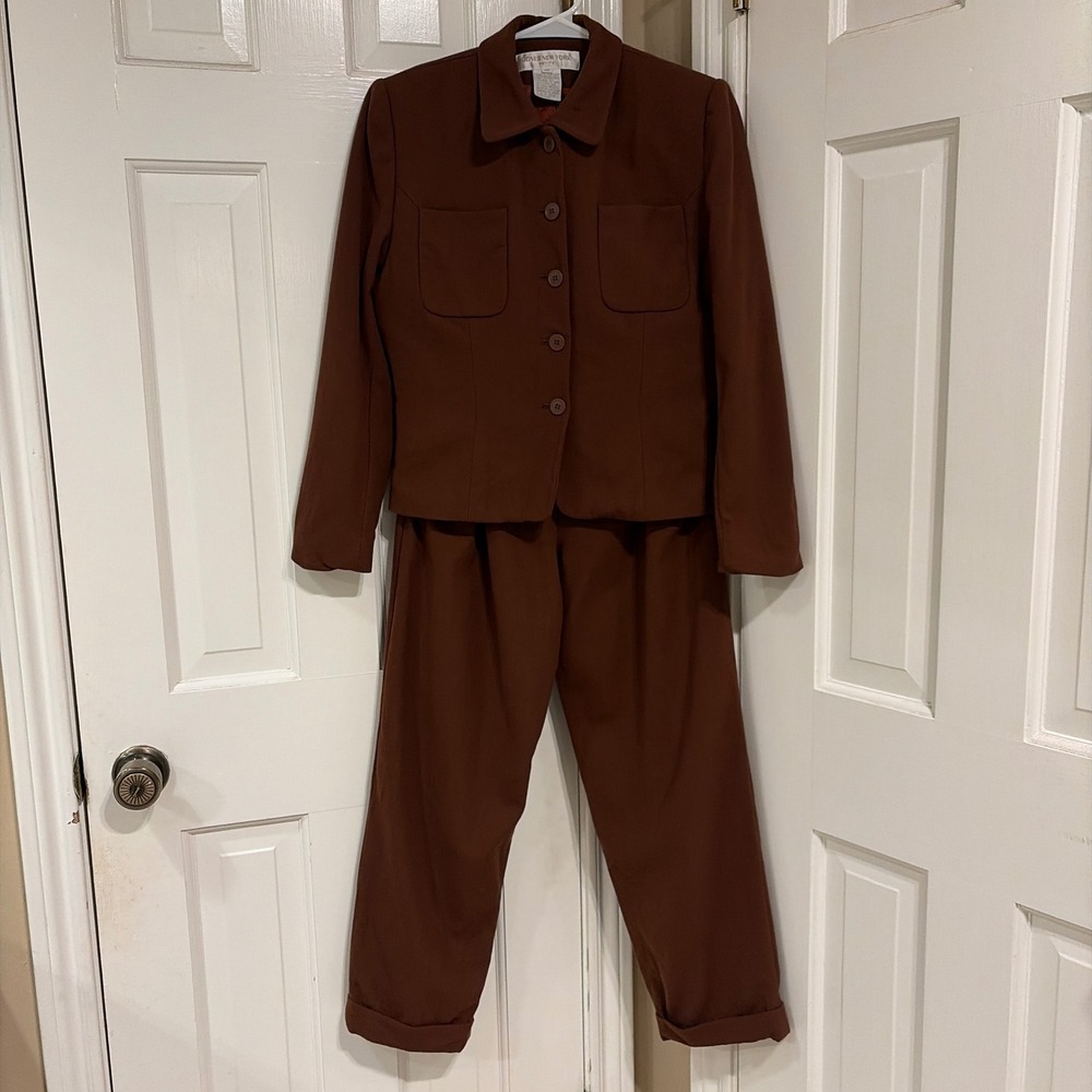 Vintage Jones New York Petite Brown Wool Pantsuit Jacket and Pants Set
